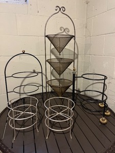 lot 60 image: Metal Plant Stand Set - 3-Tier Cone Mesh Basket Tower, Arch-Top Frame, 2 White Ring Stands, 3-Ring Tall Stand