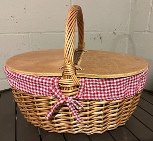 lot 63 image: Picnic Basket - Wicker with Wooden Lid & Red Gingham Interior