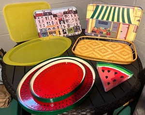 lot 75 image: Watermelon Plates & Trays Set - City Print Tin Trays & Woven Baskets, Assorted Serving Pieces