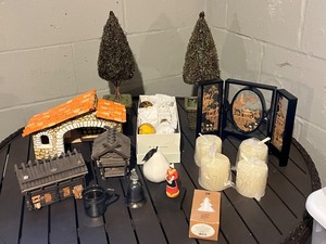 lot 88 image: Holiday Village Decor Ceramic Cottages, Candle Holders, Folding Screen & Santa