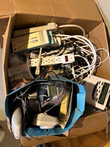 lot 91 image: AIWA Weather Radio, Panasonic Phone, Midland NOAA Weather Radio, GE 15ft Line Cord, Monster Cables