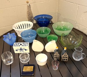 lot 92 image: Assorted Glassware & Ceramics - BlueGreen Bowls, White Vases & Salt & Pepper Shakers - large lot