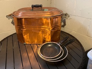 lot 93 image: Copper Stock Pot with Lid - Includes 3 Small Illumina brand Pans, Vintage Cookware