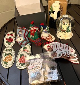 lot 95 image: Christmas Cross-Stitch Stockings & Ornaments with Snow Globe - Assorted Holiday Decor