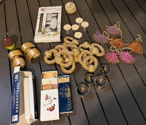 lot 96 image: Norpro Porcelain Markers 7-Piece Set - 10 Table Candles - Rope Knot napkin rings & Tassels