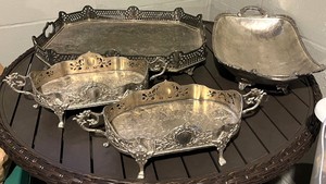 lot 271 image: Silver-Plate Serving Trays - Ornate Pierced Edges - Made in India (Lot of 4)