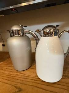 lot 396 image: Coffee Carafes - White & Gray Ceramic with Chrome Lids (Lot of 2)