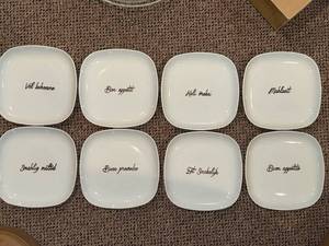 lot 405 image: IKEA 365 Square Plates Set of 8 - Multilingual Food Phrases