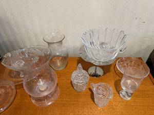 lot 419 image: Crystal Glassware Set - Assorted Clear Cut Glass Compote, Vase, Sugar Jar & Goblet