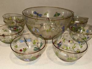 lot 434 image: Heritage Fine Glassware Dragonfly & Bee Hand-Painted Bowls - 7-Piece Set