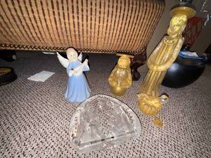 lot 460 image: Blue Angel Figurine with Mandolin, Gold Nativity Figures, Clear Crystal Rock