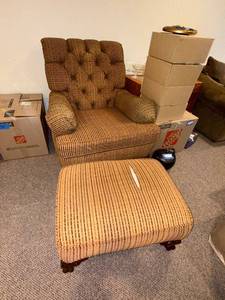 lot 461 image: Traditional Tufted Beige Striped Armchair & Matching Ottoman