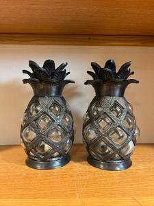 lot 341 image: Pineapple Candle Holders - Black Metal with Glass Panels (Set of 2)