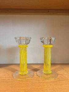 lot 342 image: Two Yellow Glass Candle Holders with Striped Stems - Clear Cup Tops