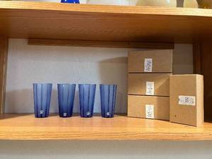 lot 357 image: Blue Faceted Glass Tumblers - Set of 4, Approximately 6 in Tall, 3 in Diameter