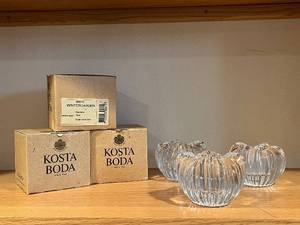 lot 360 image: Kosta Boda Winter Garden Clear Ribbed Glass Apple Candle Holders - Set of 4