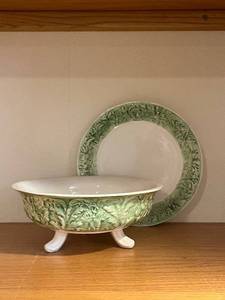 lot 363 image: Berry Bowl with Draining Holes & Plate - Green Transferware, Italy - 7 in Diameter