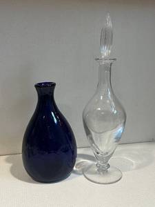 lot 370 image: Cobalt Blue Glass Vase & Clear Glass Decanter with Stopper - 2-Piece Set