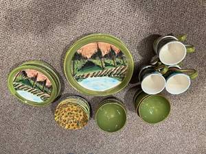 lot 423 image: VIETRI Hand-Painted Italian Ceramic Dinnerware Set - Olive Green Rim, Landscape Motifs