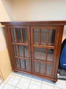 lot 448 image: Dark Wood Curio Cabinet with Glass-Front Doors - 9-Pane Grids (2 Doors)