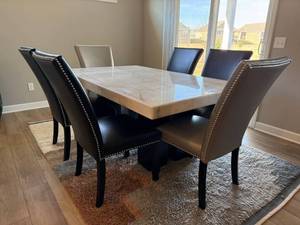 Camila 7 Pc Dining Set Marble Table 6 Nailhead Chairs 70in