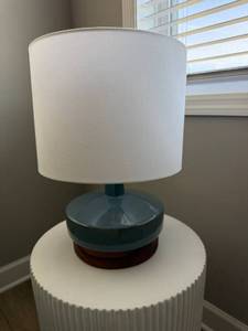 West Elm Ceramic Table Lamp Blue Wood Base White Drum Shade