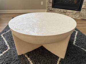 Round Faux Stone Plaster Look Coffee Table Cream 16in Tall Crack