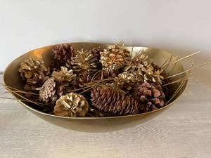 Gold Tone Oval Centerpiece Bowl with Pinecone Potpourri Decor Set