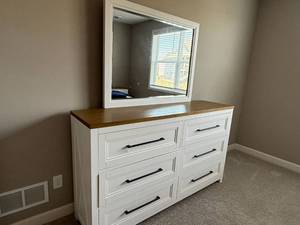 Legacy Classic Modern 6 Drawer Dresser with Mirror White Brown Top