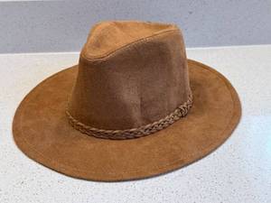 Brown Faux Suede Wide Brim Fedora Hat Braided Band One Size Good