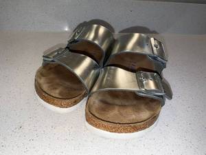 Birkenstock Arizona Silver Two Strap Sandals Size 37 Narrow Good