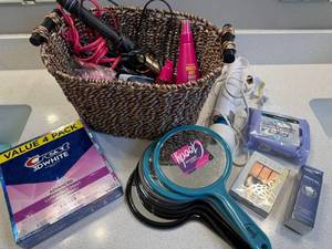 Mixed Beauty Vanity Basket Lot Mirrors Hair Tools Toiletries Good