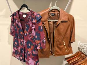 Evereve Faux Leather Moto Jacket & Floral Blouse Lot S M Good