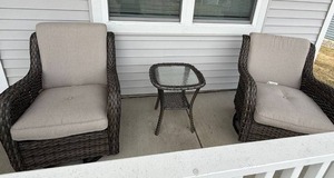 3 Pc Resin Wicker Patio Gliding and Swivel Chair Set w Glass Side Table Beige