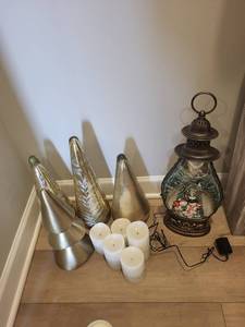 Christmas Lantern with Snow Scene, 4 Cone Trees & Pillar Candles - Holiday Decor Set