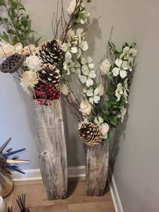 Pair of Rustic Wood Floor Vases - Dried Floral Arrangements, Pinecones & Red Berries
