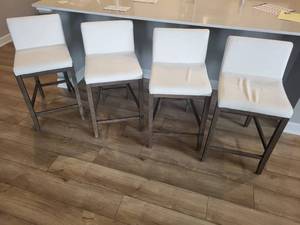 Counter Height Bar Stools - White Upholstery, Dark Wood (Lot of 4)