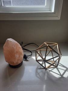 Himalayan Salt Lamp on Black Base & Copper Geometric Frame Sculpture