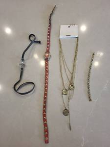 Watch & Jewelry Lot - Pink Dial Crystal-Bezel Watch, Cross Bracelet, Layered Necklaces (Lot of 4)