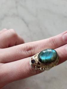 Labradorite Ring with Garnet Accent - Sterling Silver Filigree, Oval Cabochon, Size 5