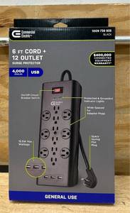 lot 39 image: Commercial Electric 6 FT Cord  12 Outlet Surge Protector