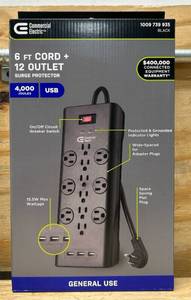 lot 40 image: Commercial Electric 6 FT Cord  12 Outlet Surge Protector