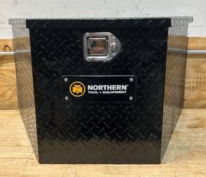 lot 98 image: Northern Tool  Equipment Trailer Tongue Box, 34in. x 19in. x 18in. x 16in., Aluminum, Gloss Black, Paddle Latch Msrp $339.99