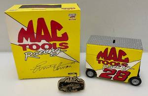 lot 66 image: Collectible Miniature ERNIE IRVAN Die Cast Limited 1 Of 7500 NASCAR Action Brand MAC Tool Box Wagon Bank & Belt Buckle (NIB)