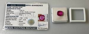 lot 212 image: AGSL Authentic Gem Security Laboratory Natural Ruby 6.80 CT Excellent Cushion (Pink) In Protective Case