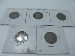 lot 20 image: 5 Collectible 1893 - 1908 Nickels
