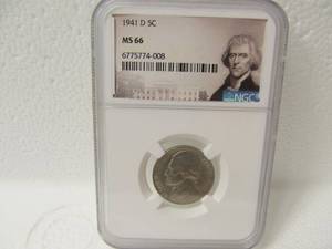 lot 59 image: 1941 D Jefferson Nickel MS66 (Slab)