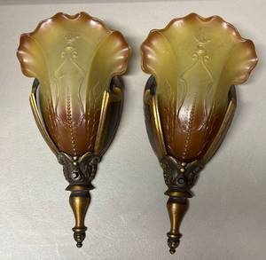 lot 16R image: FR - Pair of Vintage Art Deco Amber Glass Wall Sconces by Mid-West