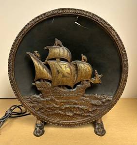lot 45R image: LLR - Antique 1920s Nautical Ship Cast Iron Speaker  Vintage Loudspeaker With Metal Frame, Pirate Ship Design