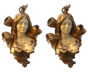 lot 92R image: FR - Art Nouveau Bust Lamps - Wall Sconces